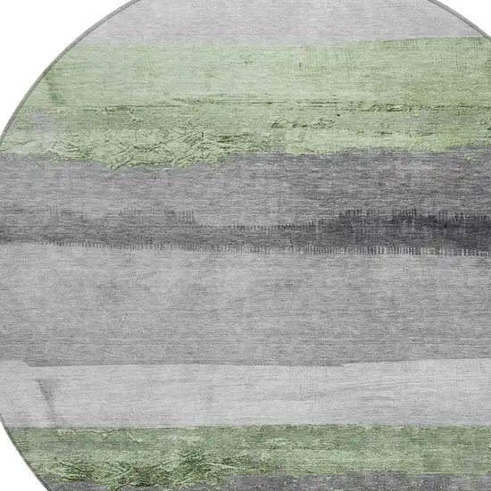 8' Artichoke Green And Gray Round Striped Washable Indoor Outdoor Area Rug Photo 4