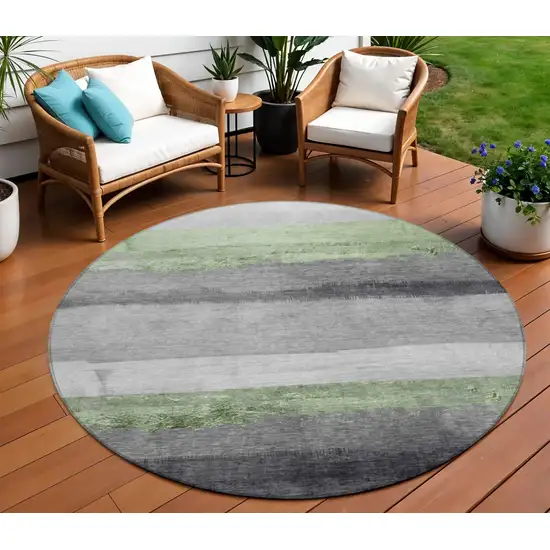 8' Artichoke Green And Gray Round Striped Washable Indoor Outdoor Area Rug Photo 2