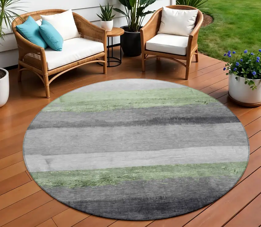 8' Artichoke Green And Gray Round Striped Washable Indoor Outdoor Area Rug Photo 2