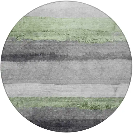 8' Artichoke Green And Gray Round Striped Washable Indoor Outdoor Area Rug Photo 3