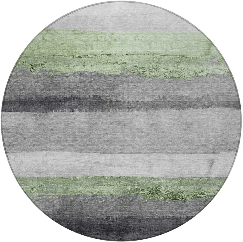 8' Artichoke Green And Gray Round Striped Washable Indoor Outdoor Area Rug Photo 3