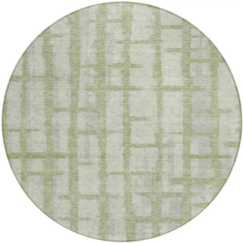8' Artichoke Green And Gray Round Striped Washable Indoor Outdoor Area Rug Photo 2