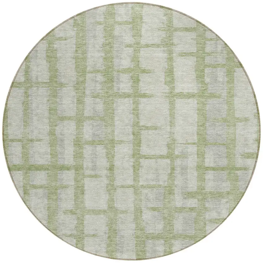8' Artichoke Green And Gray Round Striped Washable Indoor Outdoor Area Rug Photo 5