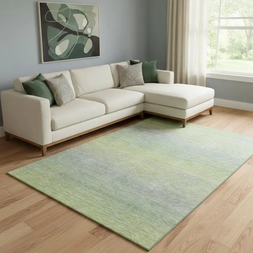 8' Artichoke Green And Gray Striped Washable Area Rug With UV Protection Photo 2