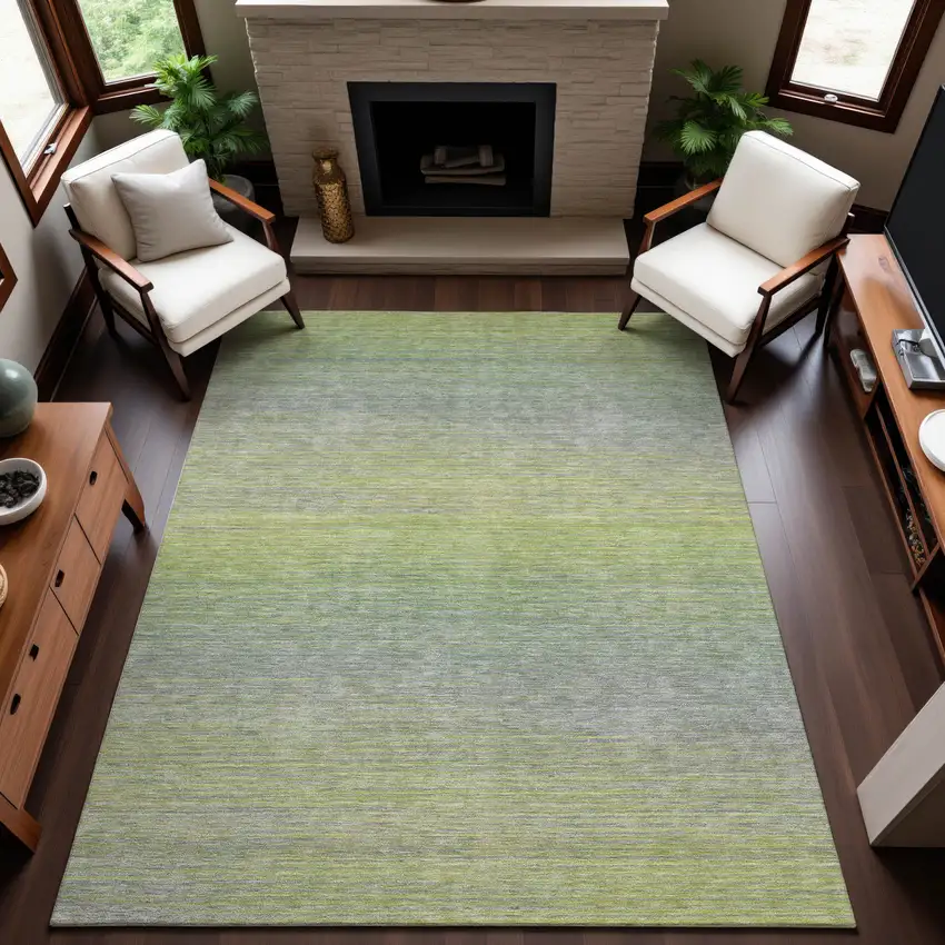 8' Artichoke Green And Gray Striped Washable Area Rug With UV Protection Photo 4