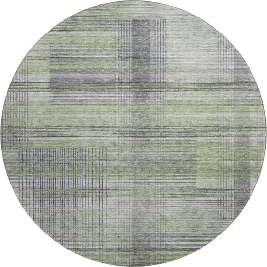 8' Artichoke Green And Gray Striped Washable Round Rug With UV Protection Photo 1