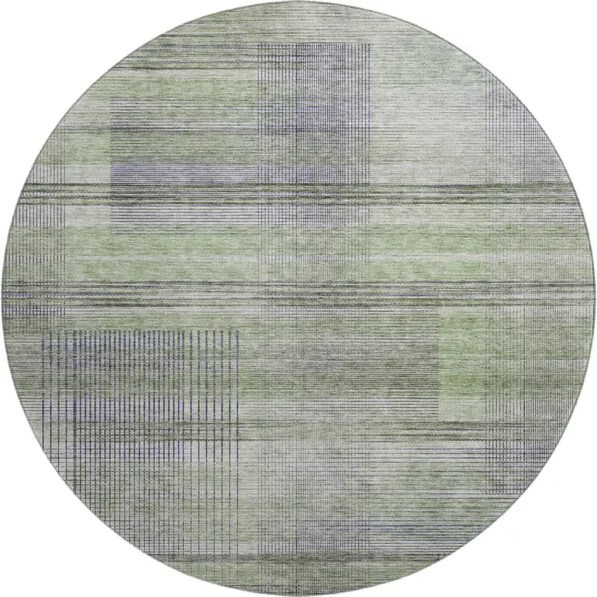 8' Artichoke Green And Gray Striped Washable Round Rug With UV Protection Photo 1