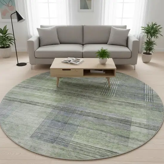 8' Artichoke Green And Gray Striped Washable Round Rug With UV Protection Photo 2