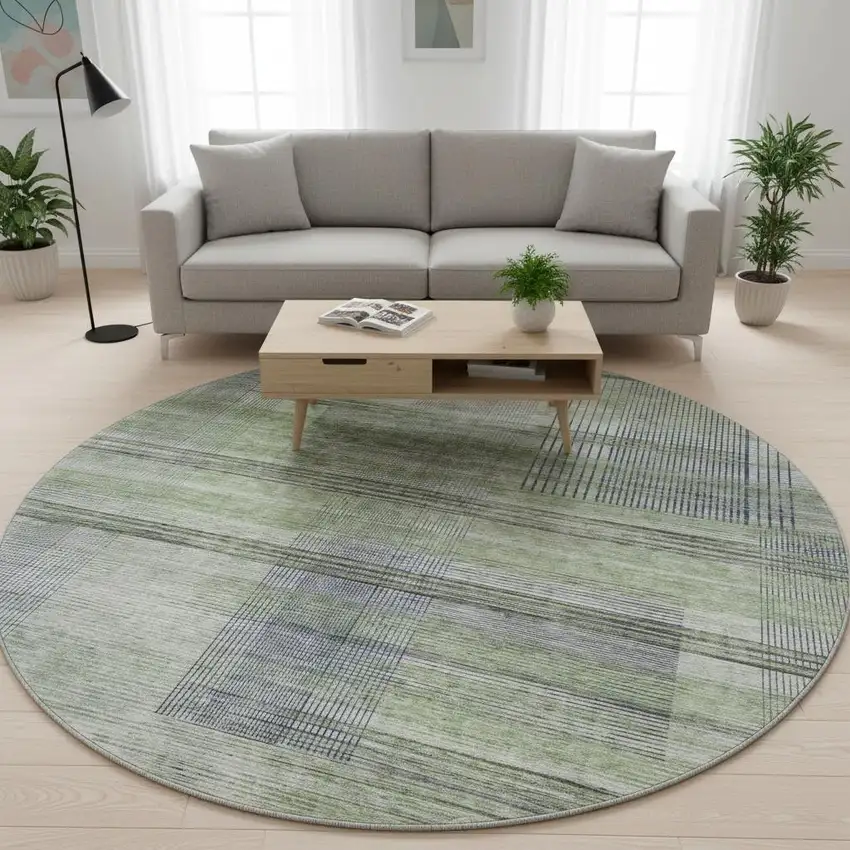 8' Artichoke Green And Gray Striped Washable Round Rug With UV Protection Photo 2