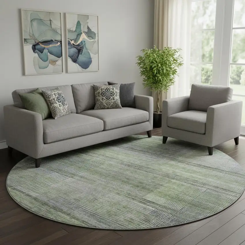 8' Artichoke Green And Gray Striped Washable Round Rug With UV Protection Photo 1