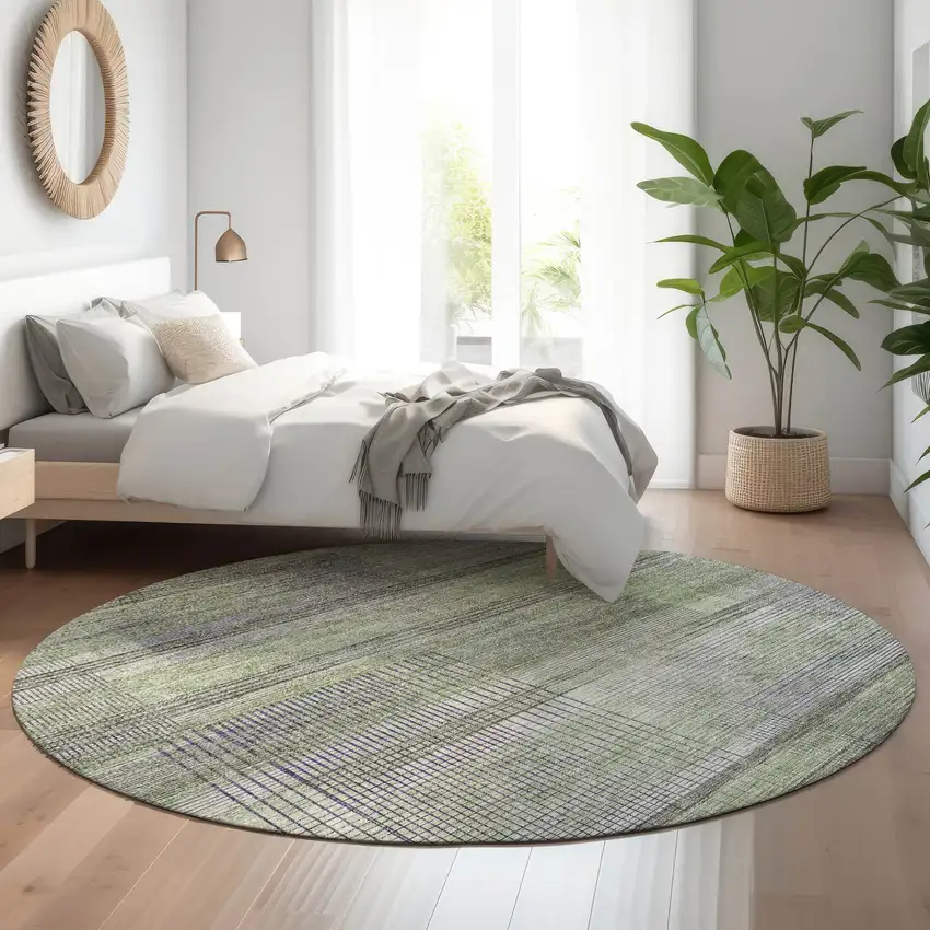 8' Artichoke Green And Gray Striped Washable Round Rug With UV Protection Photo 5