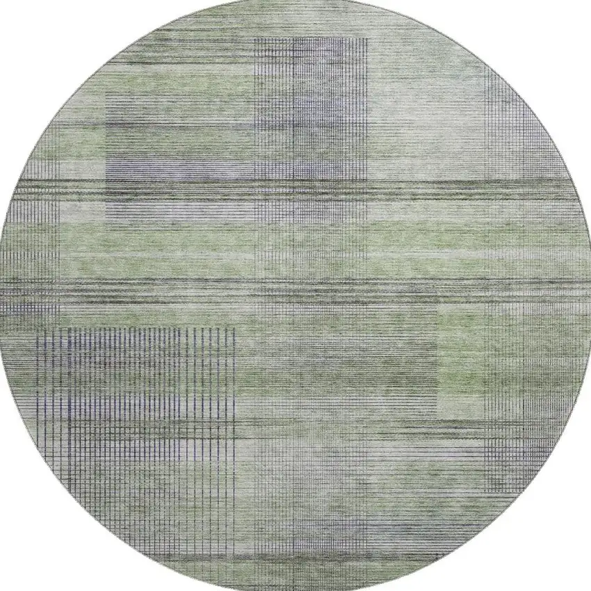 8' Artichoke Green And Gray Striped Washable Round Rug With UV Protection Photo 4