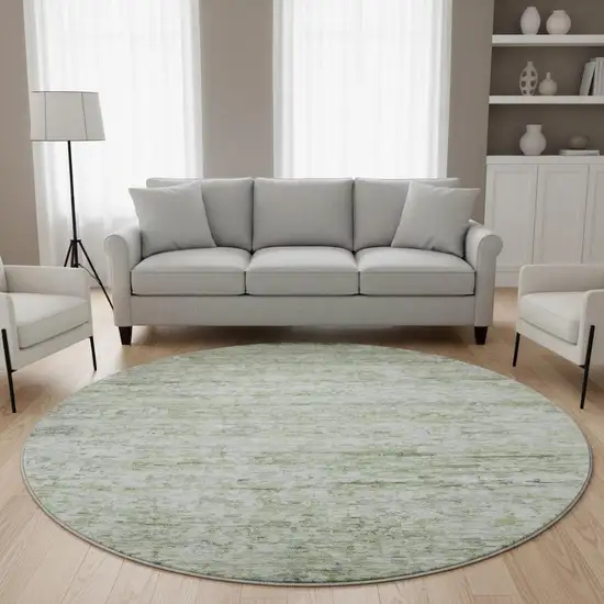 8' Artichoke Green And Gray Striped Washable Round Rug With UV Protection Photo 2