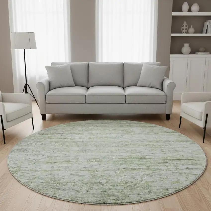 8' Artichoke Green And Gray Striped Washable Round Rug With UV Protection Photo 2