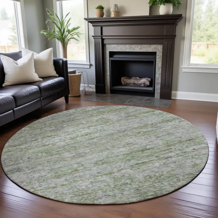 8' Artichoke Green And Gray Striped Washable Round Rug With UV Protection Photo 4