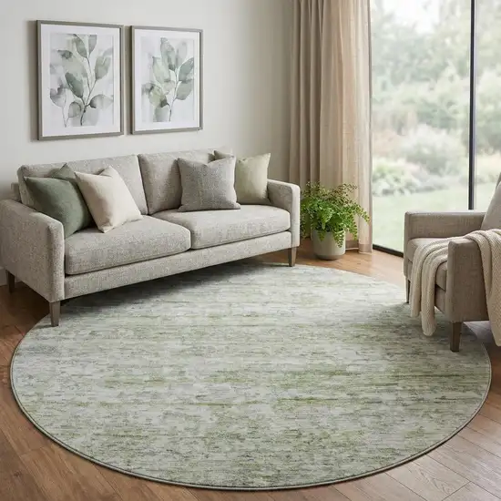8' Artichoke Green And Gray Striped Washable Round Rug With UV Protection Photo 1