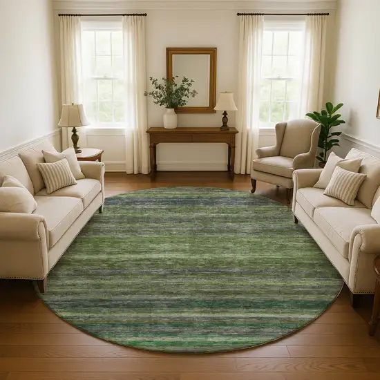 8' Artichoke Green And Gray Striped Washable Round Rug With UV Protection Photo 4