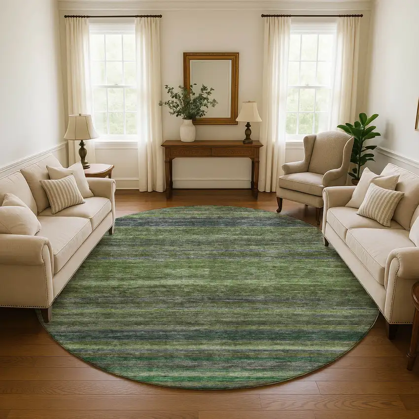 8' Artichoke Green And Gray Striped Washable Round Rug With UV Protection Photo 4