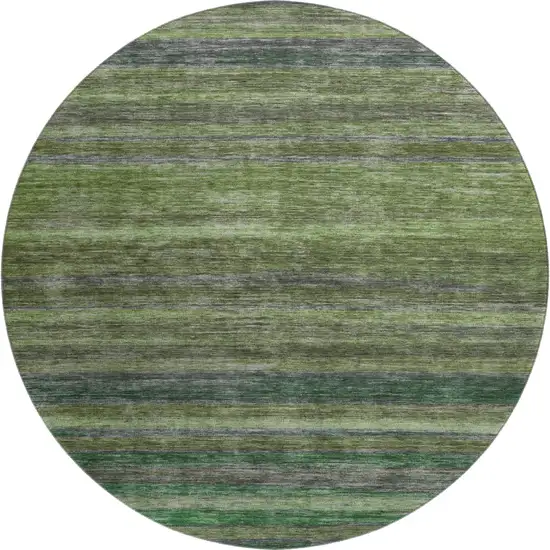 8' Artichoke Green And Gray Striped Washable Round Rug With UV Protection Photo 1