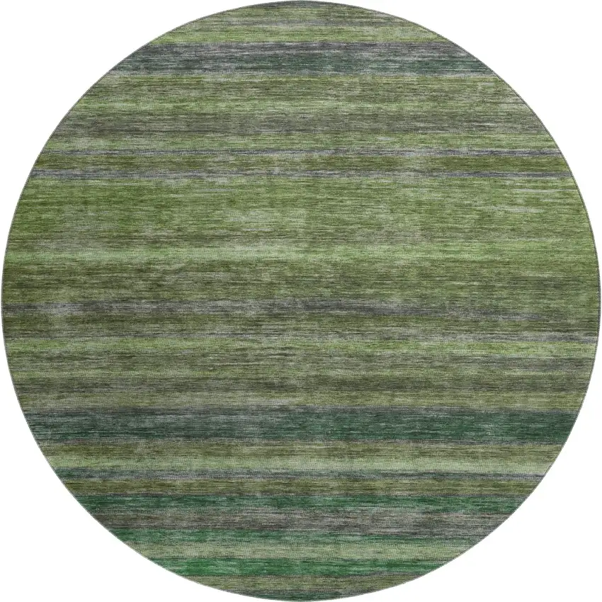8' Artichoke Green And Gray Striped Washable Round Rug With UV Protection Photo 1