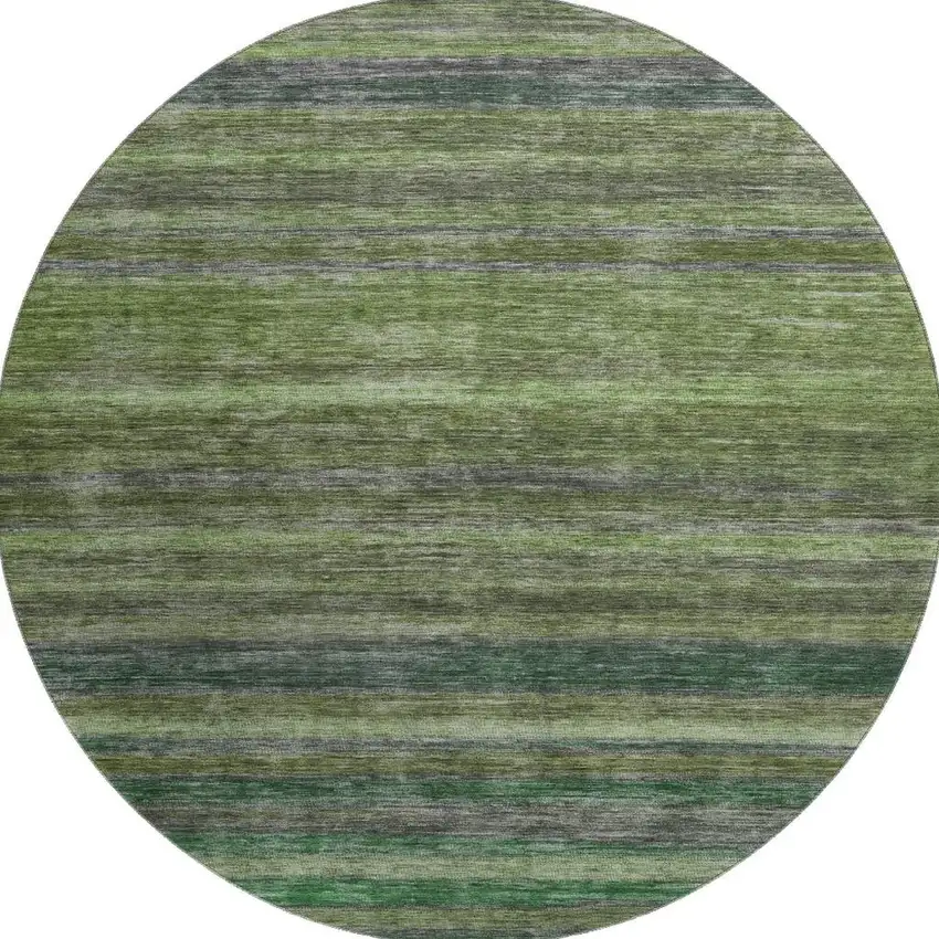 8' Artichoke Green And Gray Striped Washable Round Rug With UV Protection Photo 3