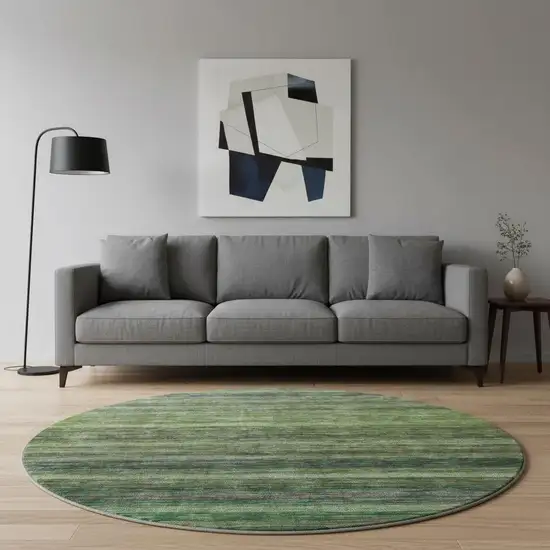 8' Artichoke Green And Gray Striped Washable Round Rug With UV Protection Photo 2