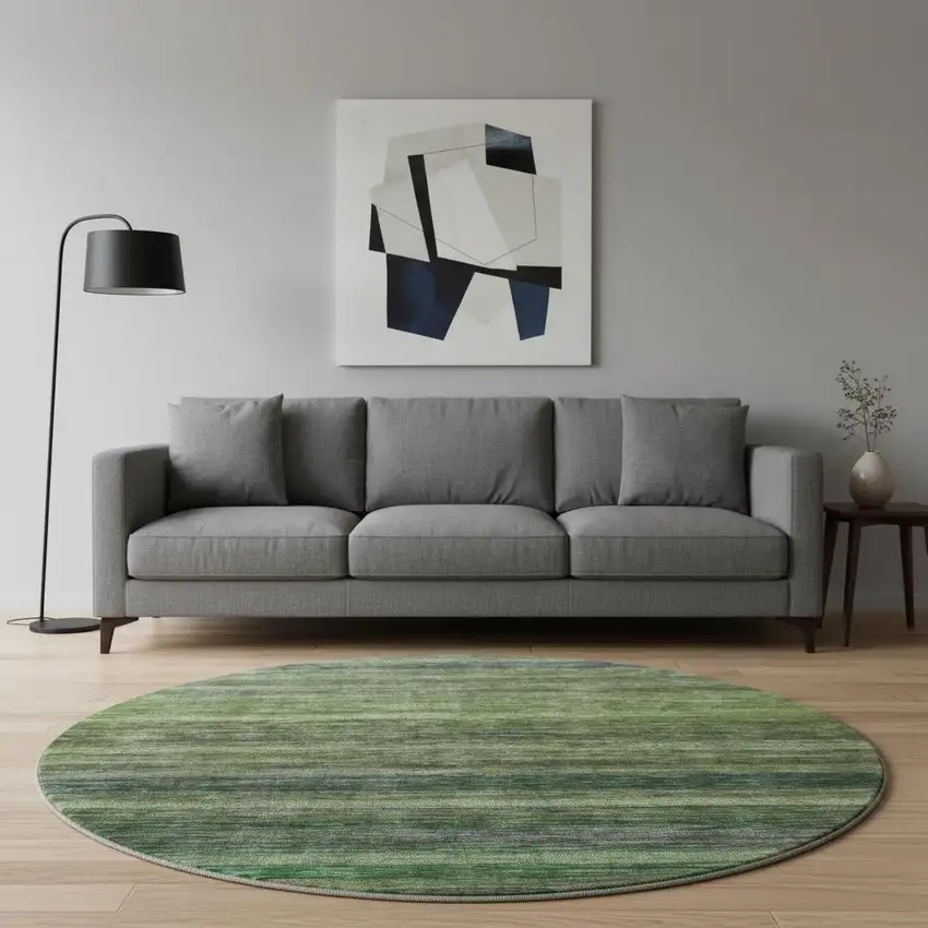 8' Artichoke Green And Gray Striped Washable Round Rug With UV Protection Photo 2