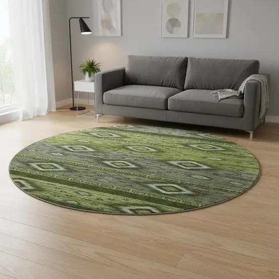 8' Artichoke Green And Gray Tribal Washable Round Rug With UV Protection Photo 2