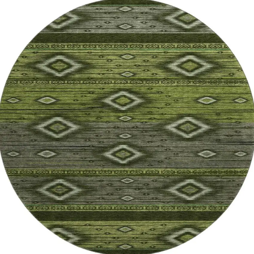 8' Artichoke Green And Gray Tribal Washable Round Rug With UV Protection Photo 4