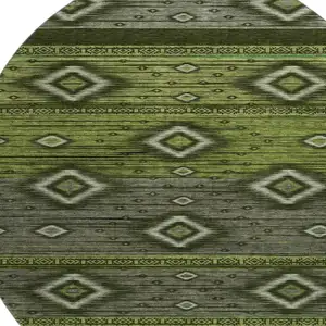 Photo of 8' Artichoke Green And Gray Tribal Washable Round Rug With UV Protection