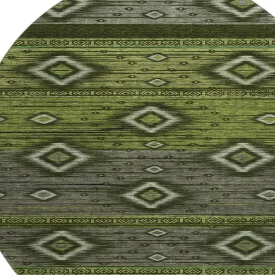 8' Artichoke Green And Gray Tribal Washable Round Rug With UV Protection Photo 3