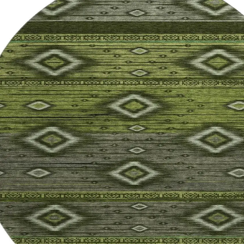 8' Artichoke Green And Gray Tribal Washable Round Rug With UV Protection Photo 3