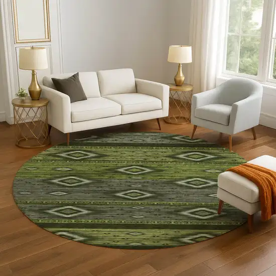 8' Artichoke Green And Gray Tribal Washable Round Rug With UV Protection Photo 5