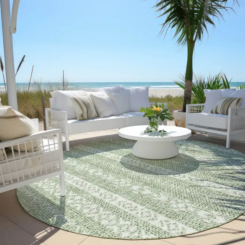 8' Artichoke Green And Green Round Southwestern Washable Indoor Outdoor Area Rug Photo 6