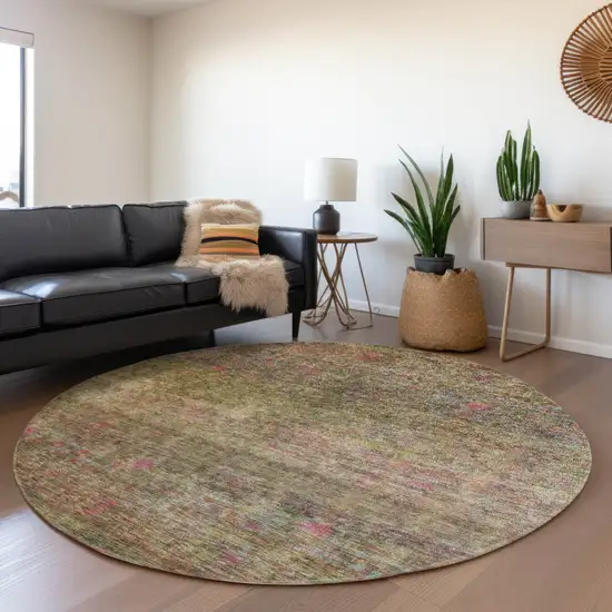 8' Artichoke Green And Hot Pink Round Floral Washable Indoor Outdoor Area Rug Photo 7