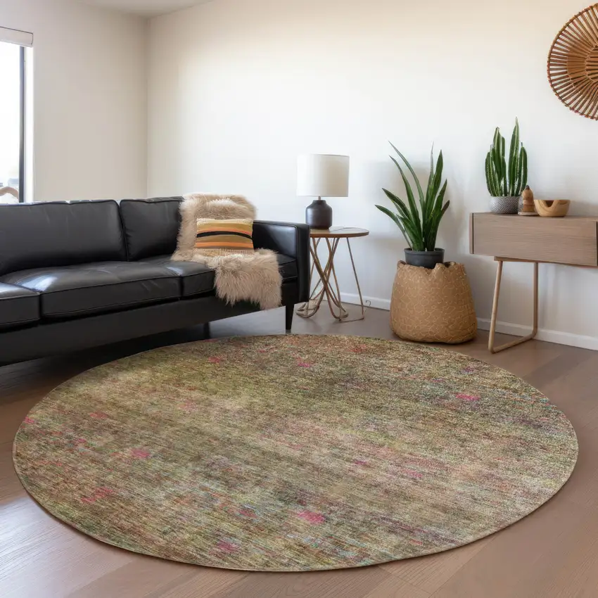 8' Artichoke Green And Hot Pink Round Floral Washable Indoor Outdoor Area Rug Photo 7