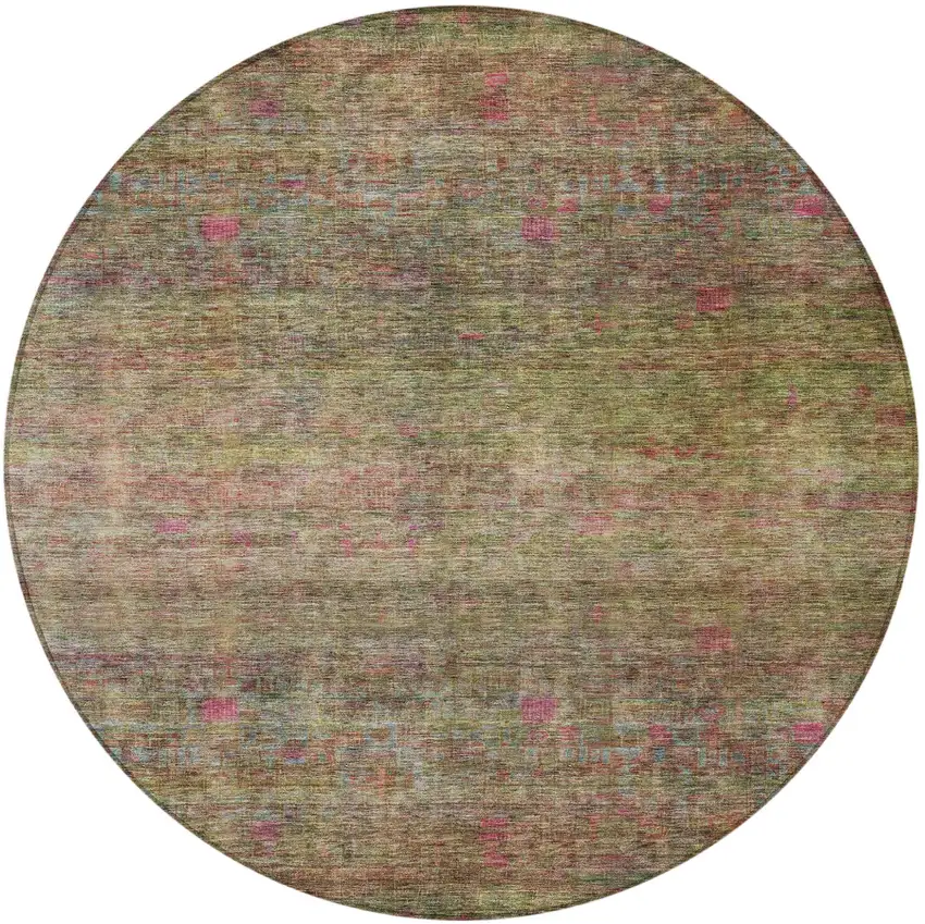8' Artichoke Green And Hot Pink Round Floral Washable Indoor Outdoor Area Rug Photo 5