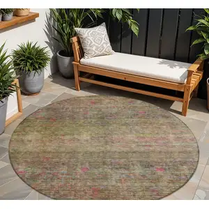 Photo of 8' Artichoke Green And Hot Pink Round Floral Washable Indoor Outdoor Area Rug