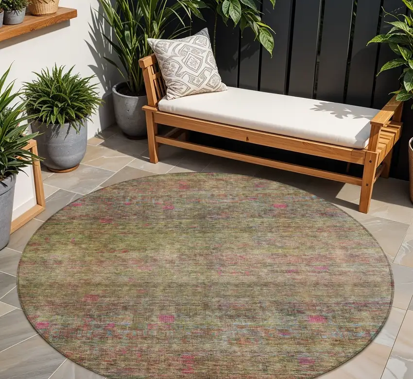 8' Artichoke Green And Hot Pink Round Floral Washable Indoor Outdoor Area Rug Photo 1