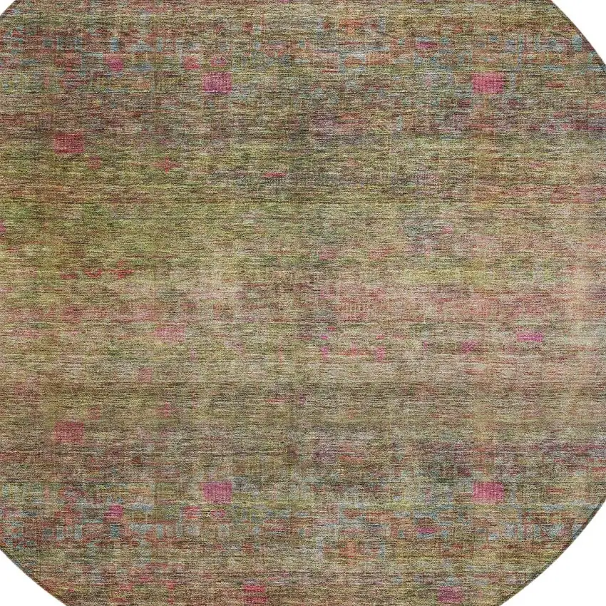 8' Artichoke Green And Hot Pink Round Floral Washable Indoor Outdoor Area Rug Photo 4