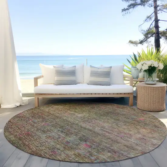 8' Artichoke Green And Hot Pink Round Floral Washable Indoor Outdoor Area Rug Photo 6