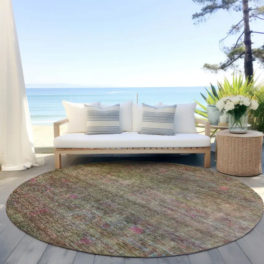8' Artichoke Green And Hot Pink Round Floral Washable Indoor Outdoor Area Rug Photo 6
