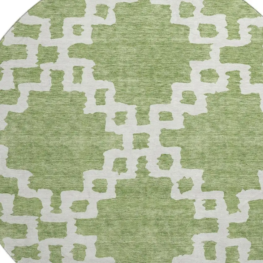 8' Artichoke Green And Ivory Abstract Geometric Washable Round Rug With UV Protection Photo 4