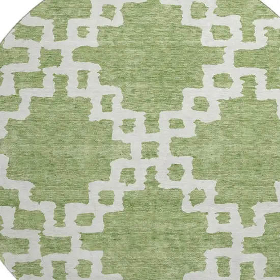 8' Artichoke Green And Ivory Abstract Geometric Washable Round Rug With UV Protection Photo 4
