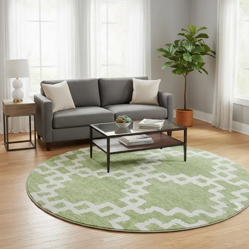 8' Artichoke Green And Ivory Abstract Geometric Washable Round Rug With UV Protection Photo 2