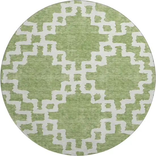 8' Artichoke Green And Ivory Abstract Geometric Washable Round Rug With UV Protection Photo 1