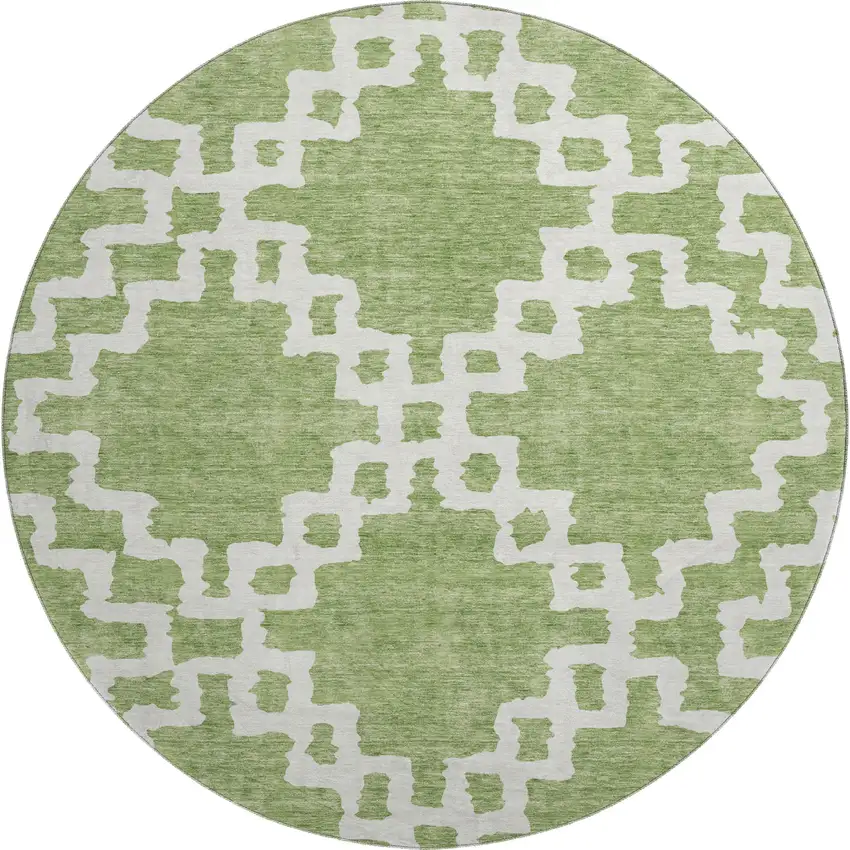 8' Artichoke Green And Ivory Abstract Geometric Washable Round Rug With UV Protection Photo 1