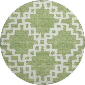Photo of 8' Artichoke Green And Ivory Abstract Geometric Washable Round Rug With UV Protection