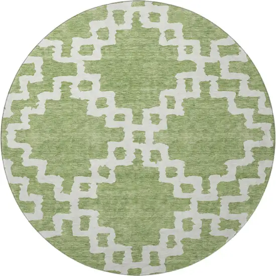 8' Artichoke Green And Ivory Abstract Geometric Washable Round Rug With UV Protection Photo 3