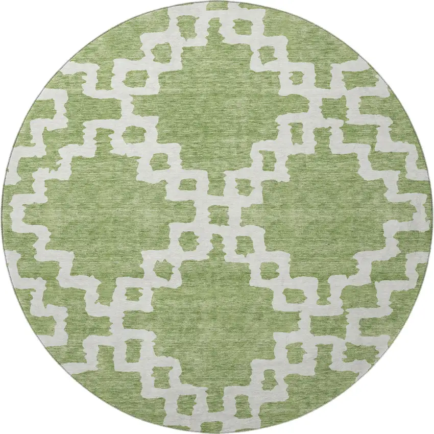 8' Artichoke Green And Ivory Abstract Geometric Washable Round Rug With UV Protection Photo 3